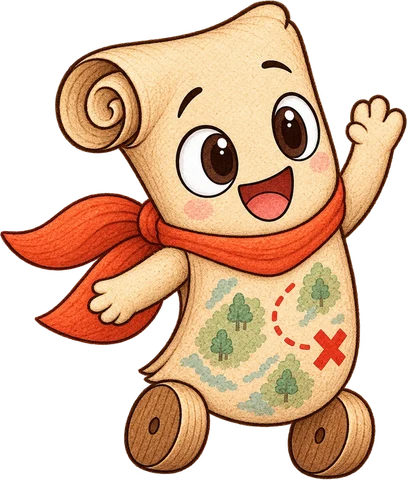 Maxx, a rolled-up parchment map with a terracotta scarf, waving